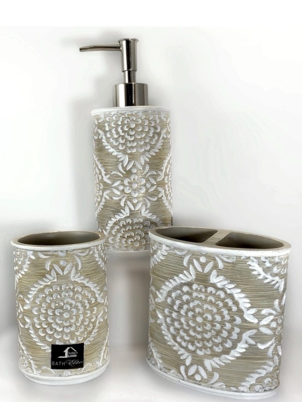 Elite Khaki 3 Piece Bathroom Vanity Accessory Set Tan/Beige White